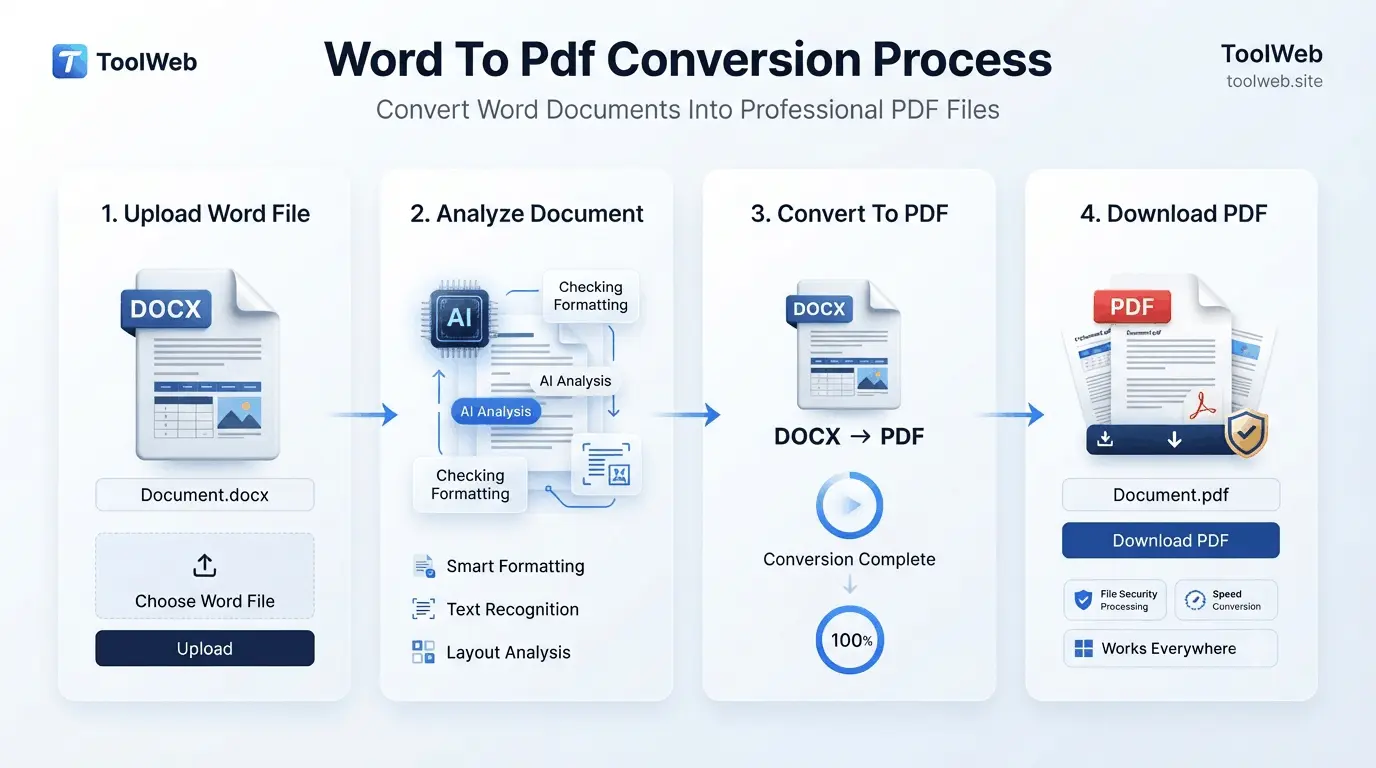 Step-by-step process showing DOCX file transformation into PDF document