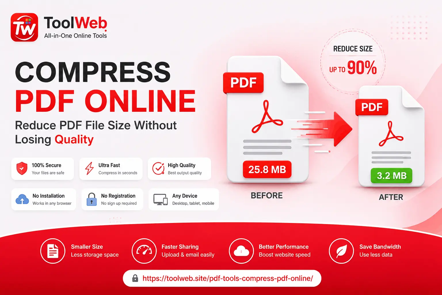 Compress PDF Online tool by ToolWeb to reduce PDF file size without losing quality. Free, fast, secure, and works on all devices.
