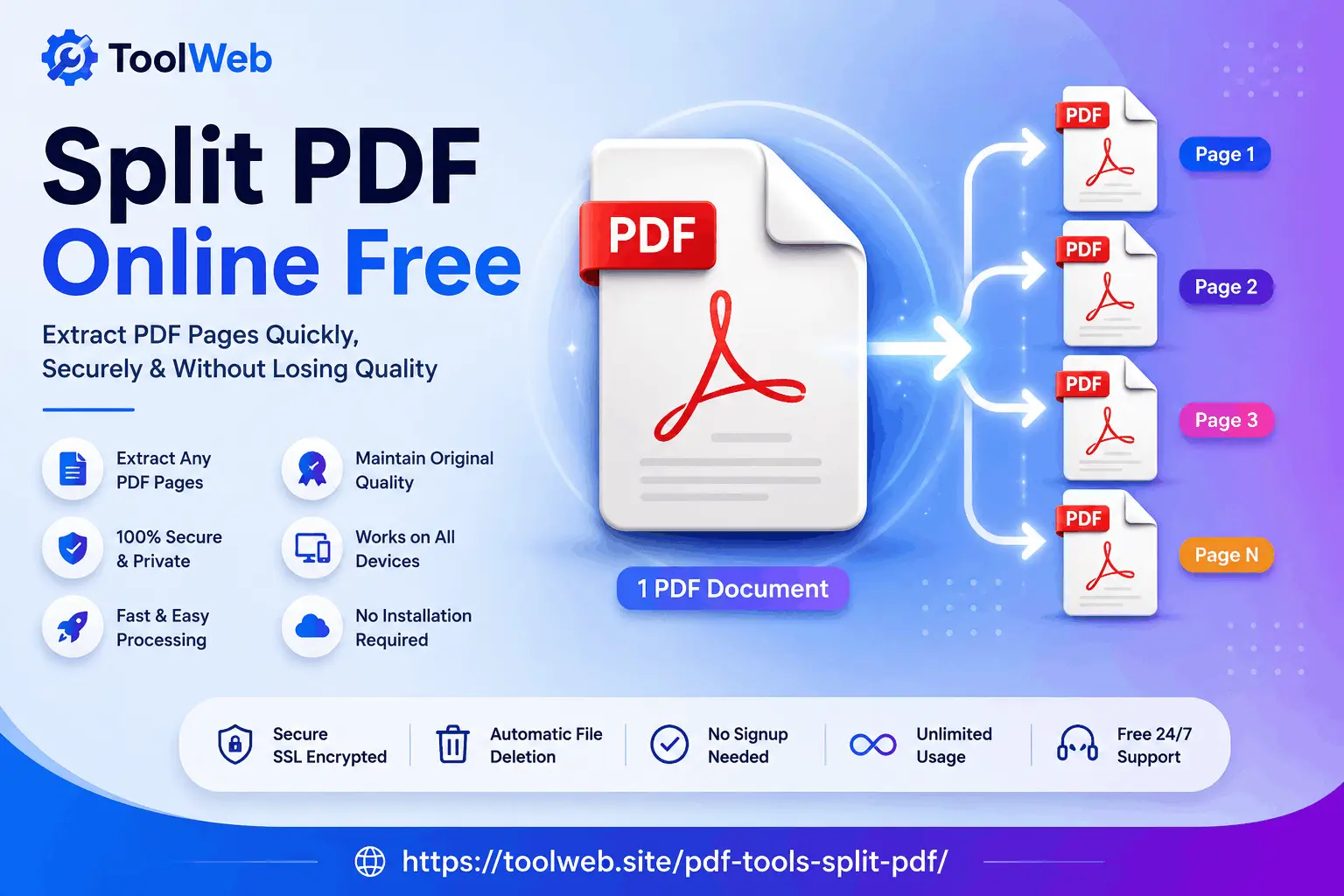 Split PDF Online Free tool by ToolWeb to extract PDF pages quickly, securely, and without losing quality.